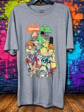 Nickelodeon All Stars T-Shirt L Gray Rugrats Hey Arnold Ren Stimpy Rocko Reptar